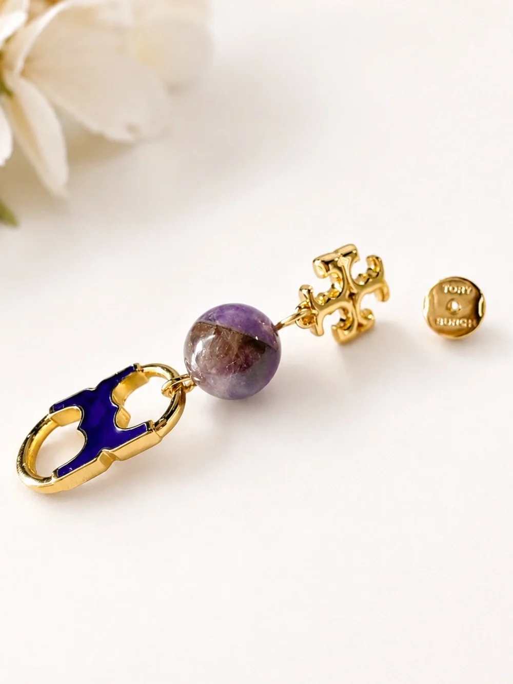 Tory Burch Gold-tone Blue Enamel & Purple Stone Gemini Drop Earrings